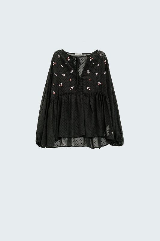 Black chiffon blouse with flower embroidery | Just Cool Beans — shirts | tops