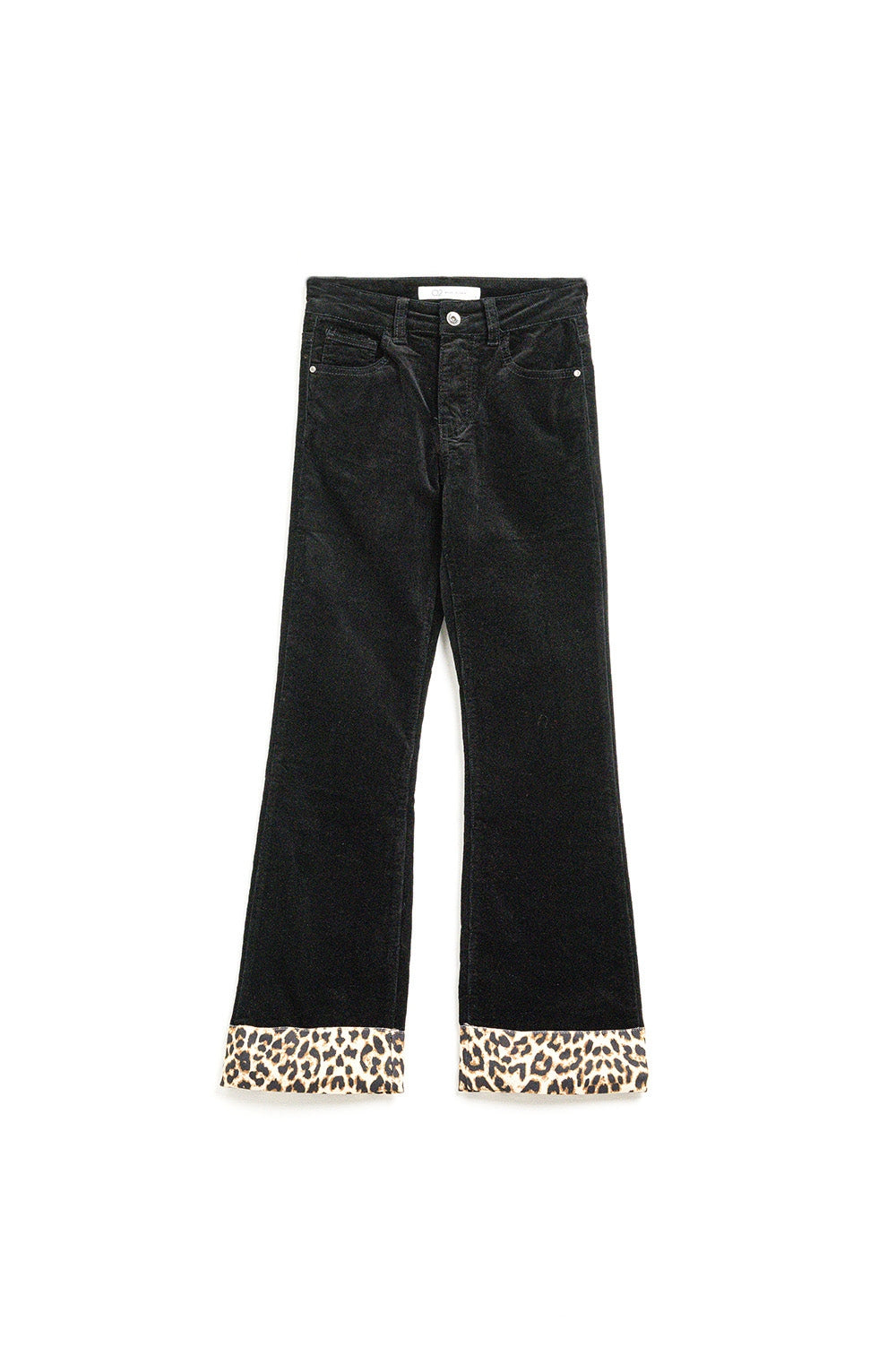 Black corduroy flare pants with leopard print at the bottom | Just Cool Beans — pants | bottoms