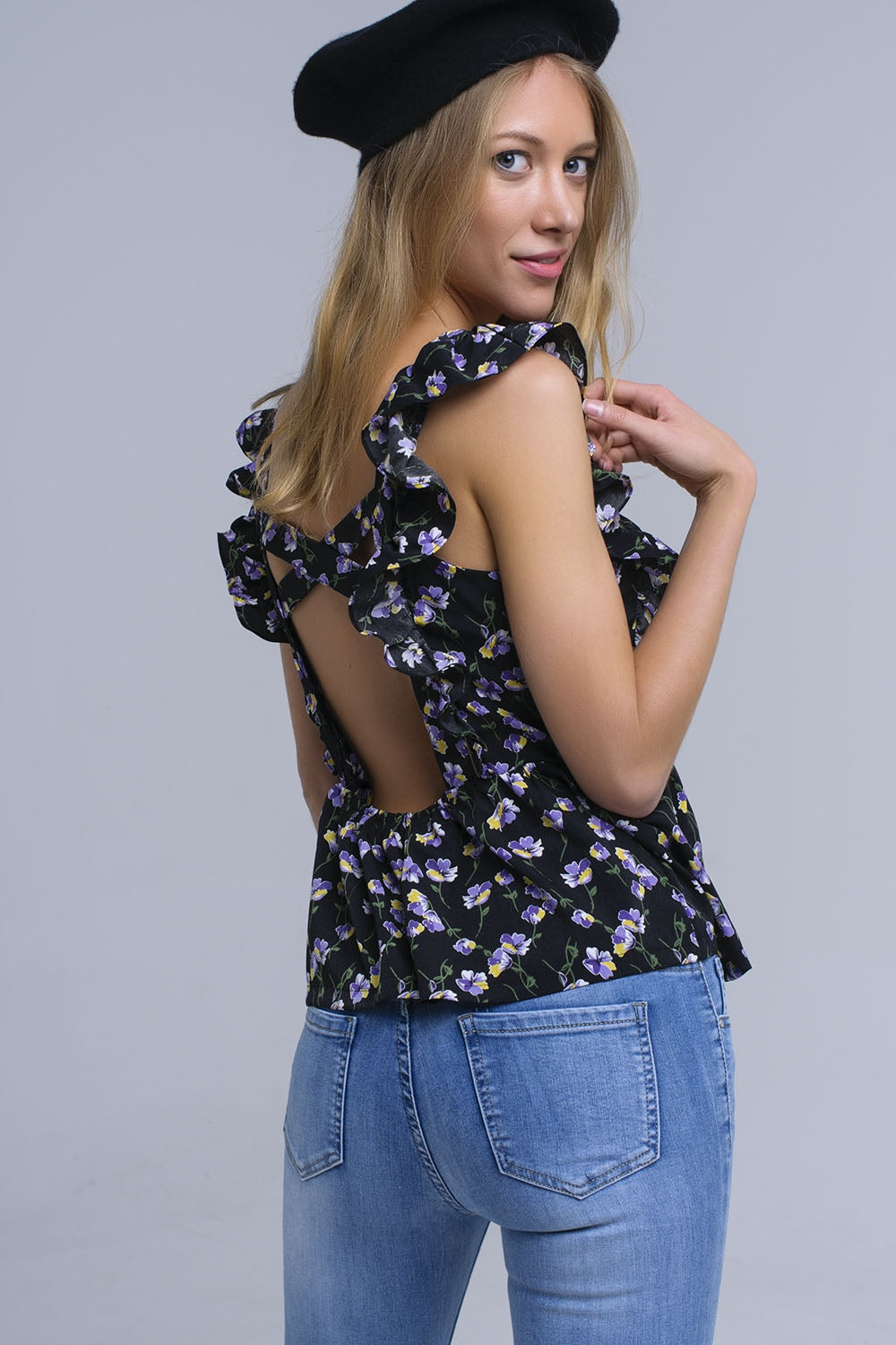 Black crossed back shirt with ruffles | Just Cool Beans — shirts | nan