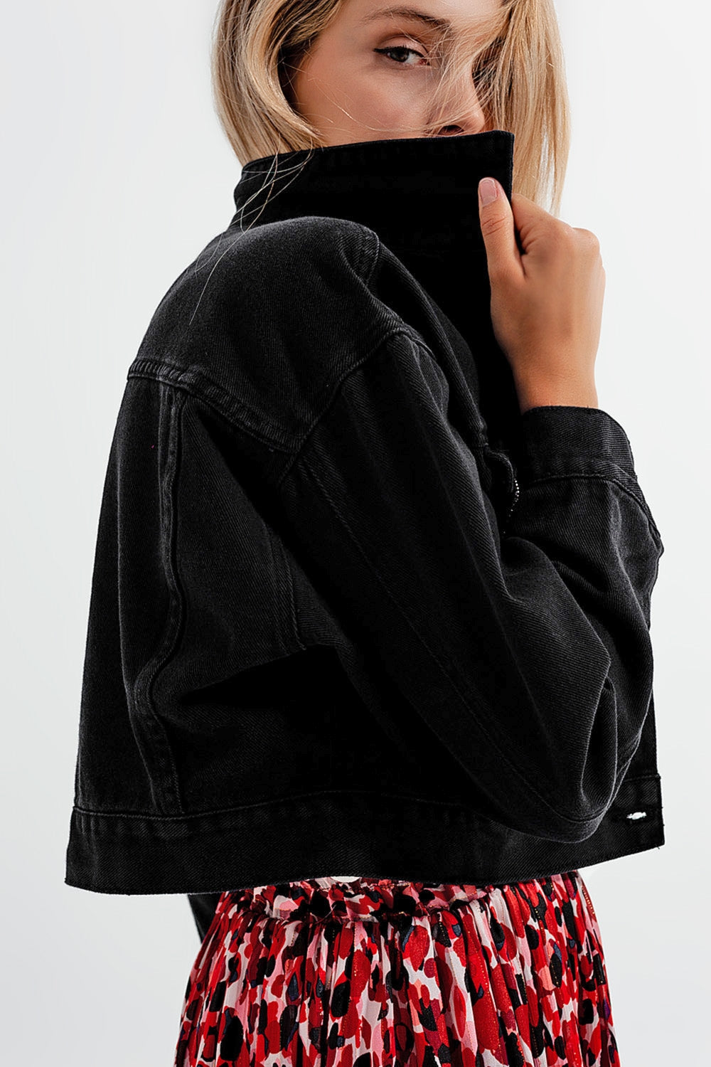 Black Denim Jacket with Strass Fringing
