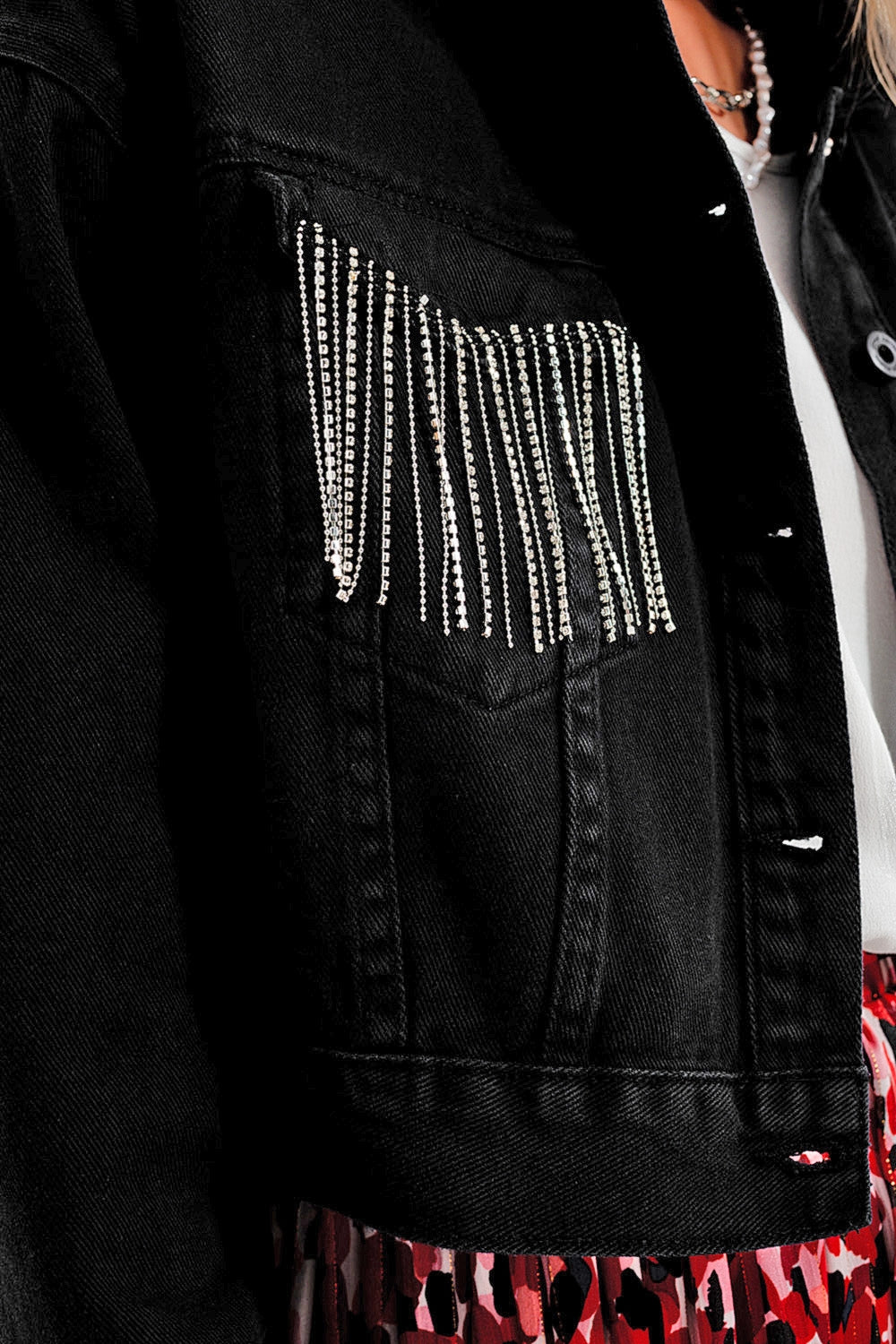 Black Denim Jacket with Strass Fringing
