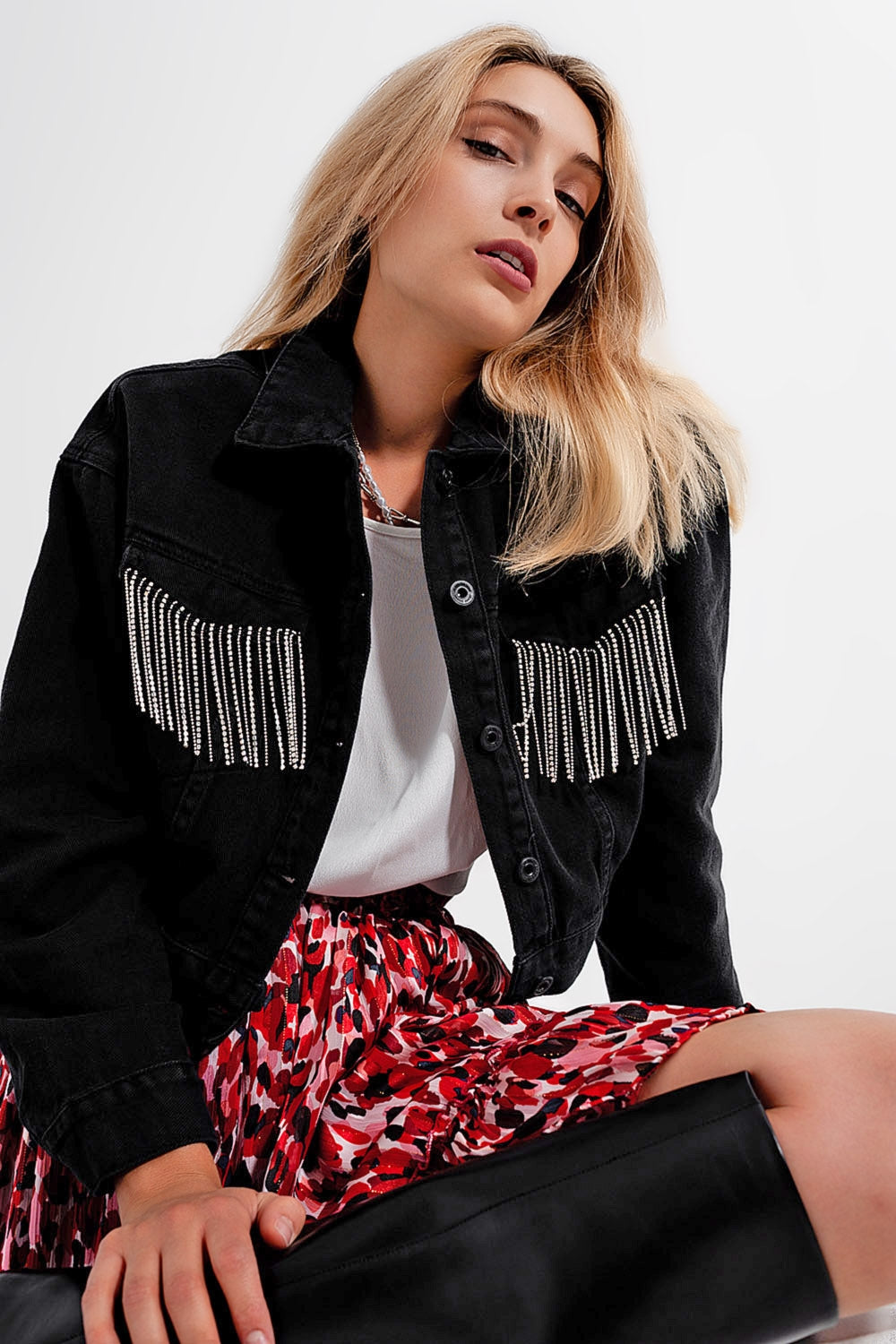 Black Denim Jacket with Strass Fringing
