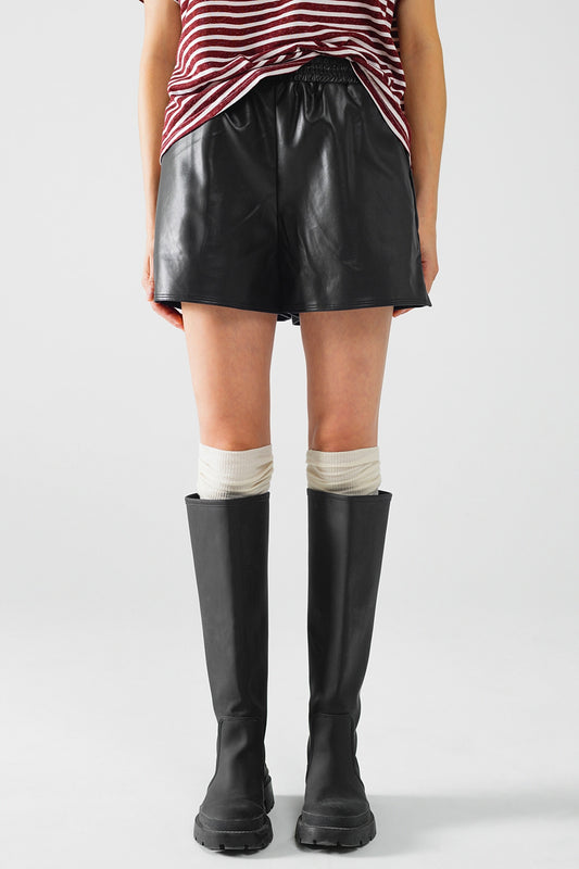 Black faux leather shorts with gathering at the waist with drawstring | Just Cool Beans — pants | bottoms