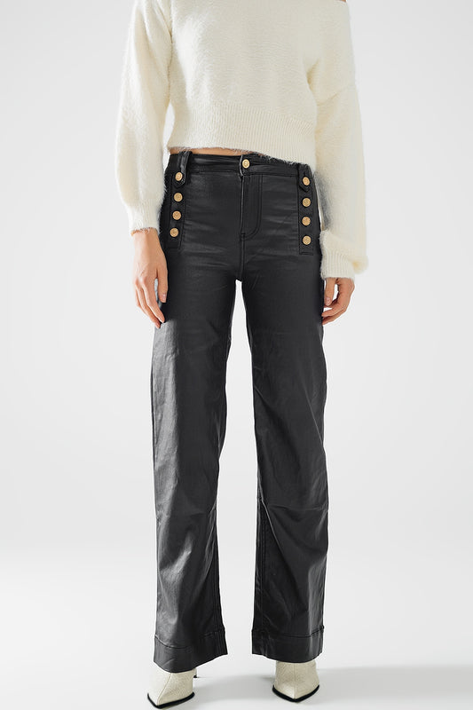 Black faux leather trousers with buttons | Just Cool Beans — pants | bottoms