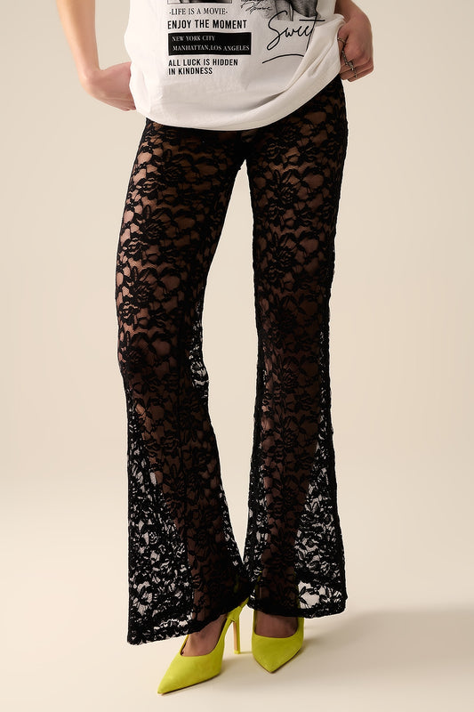 Black flare pants in floral lace | Just Cool Beans — pants | bottoms