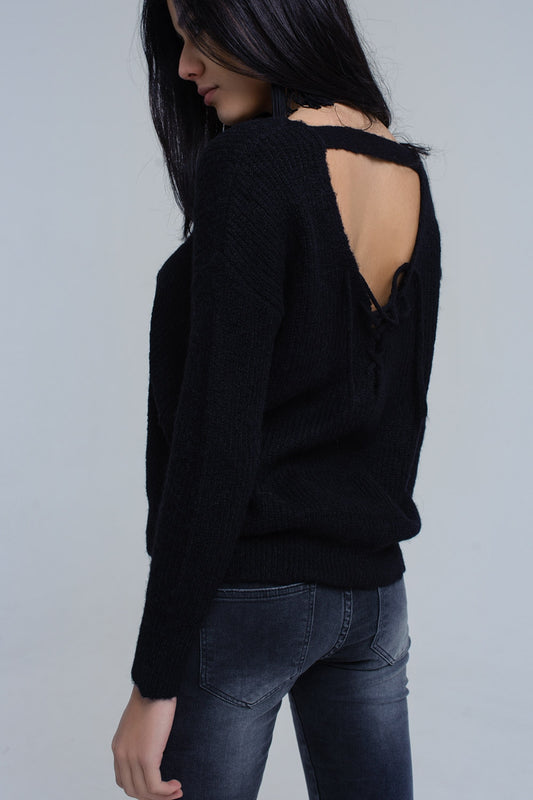Black knitted sweater with tie-back closure | Just Cool Beans — sweaters | tops