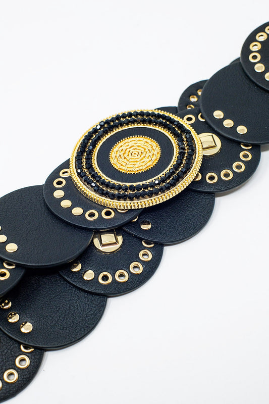 Black leather belt with black rhinestone round buckle and golden details | Just Cool Beans