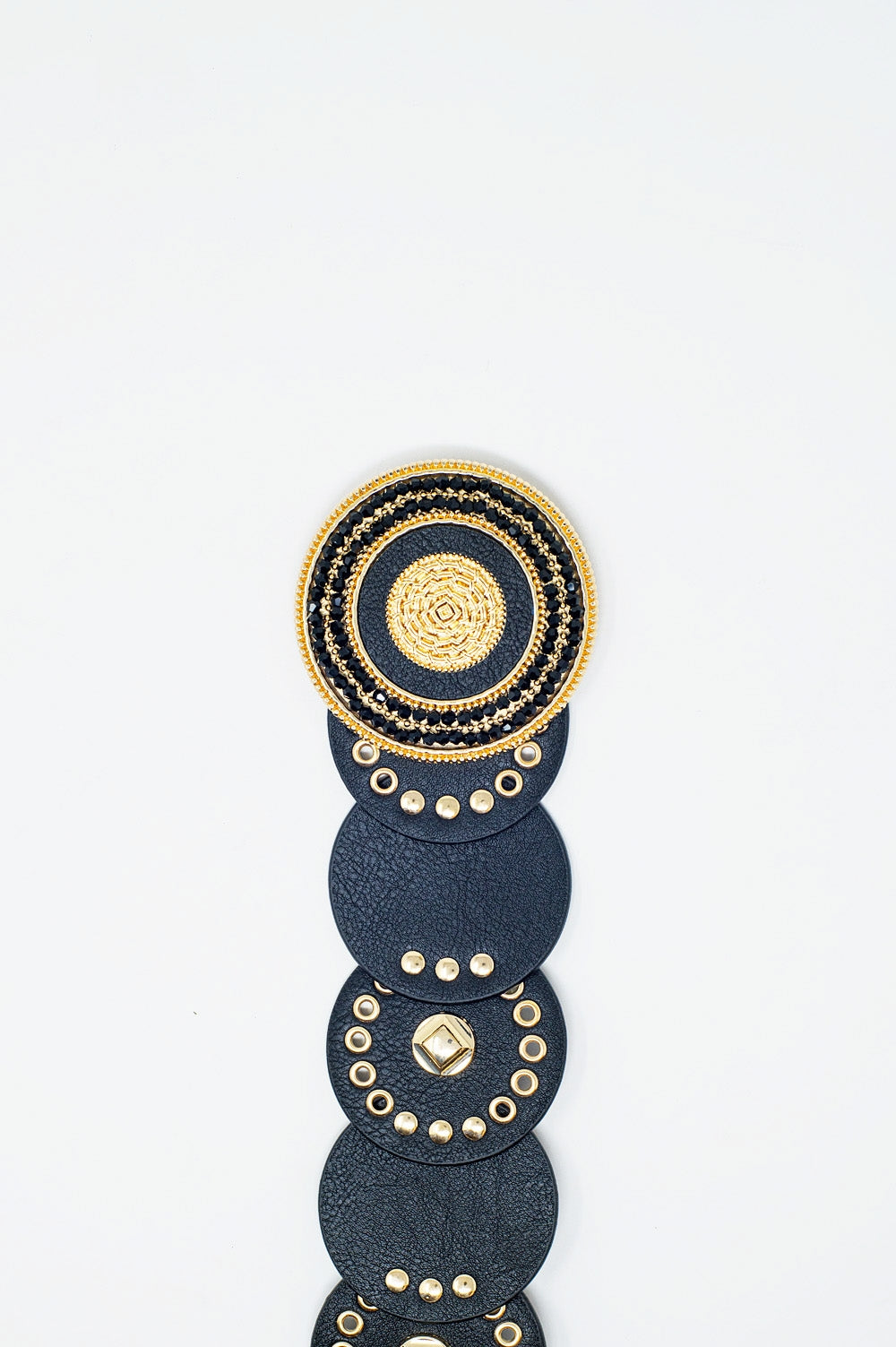 Black leather belt with black rhinestone round buckle and golden details | Just Cool Beans
