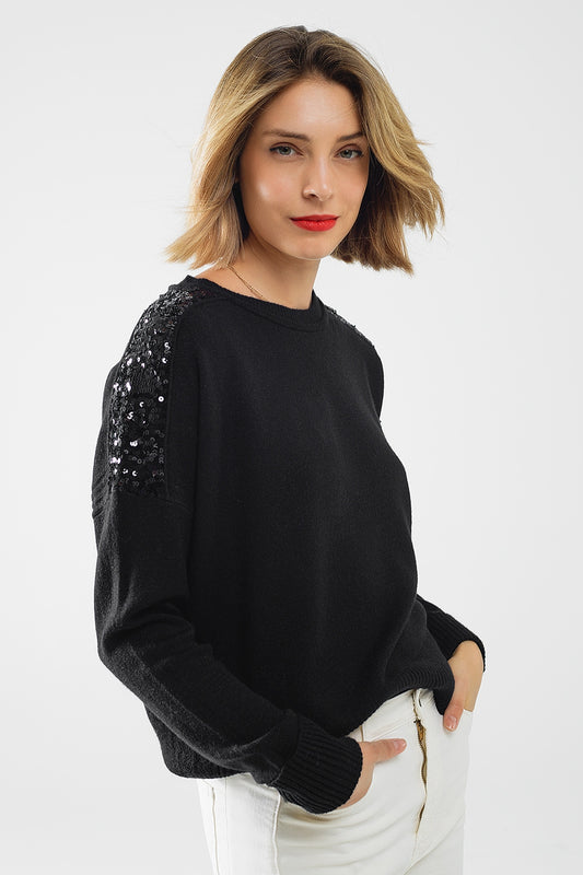 Black long sleeves sweater with sequins on the shoulders | Just Cool Beans — sweaters | tops