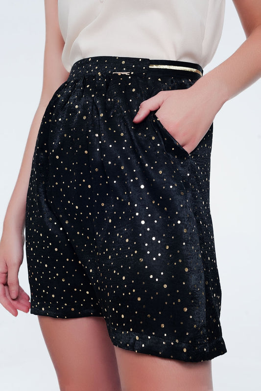 Black mini skirt with pleats in gold polka dot | Just Cool Beans — skirts
