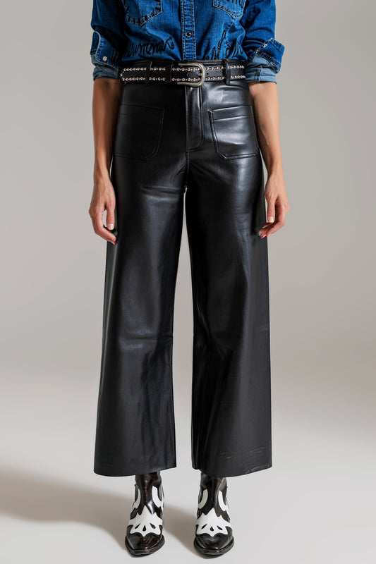 Black palazzo-style faux leather pants with pocket detail | Just Cool Beans — pants | bottoms