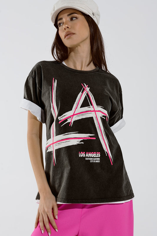 Black relaxed t-shirt printed la los angeles logo | Just Cool Beans — tops