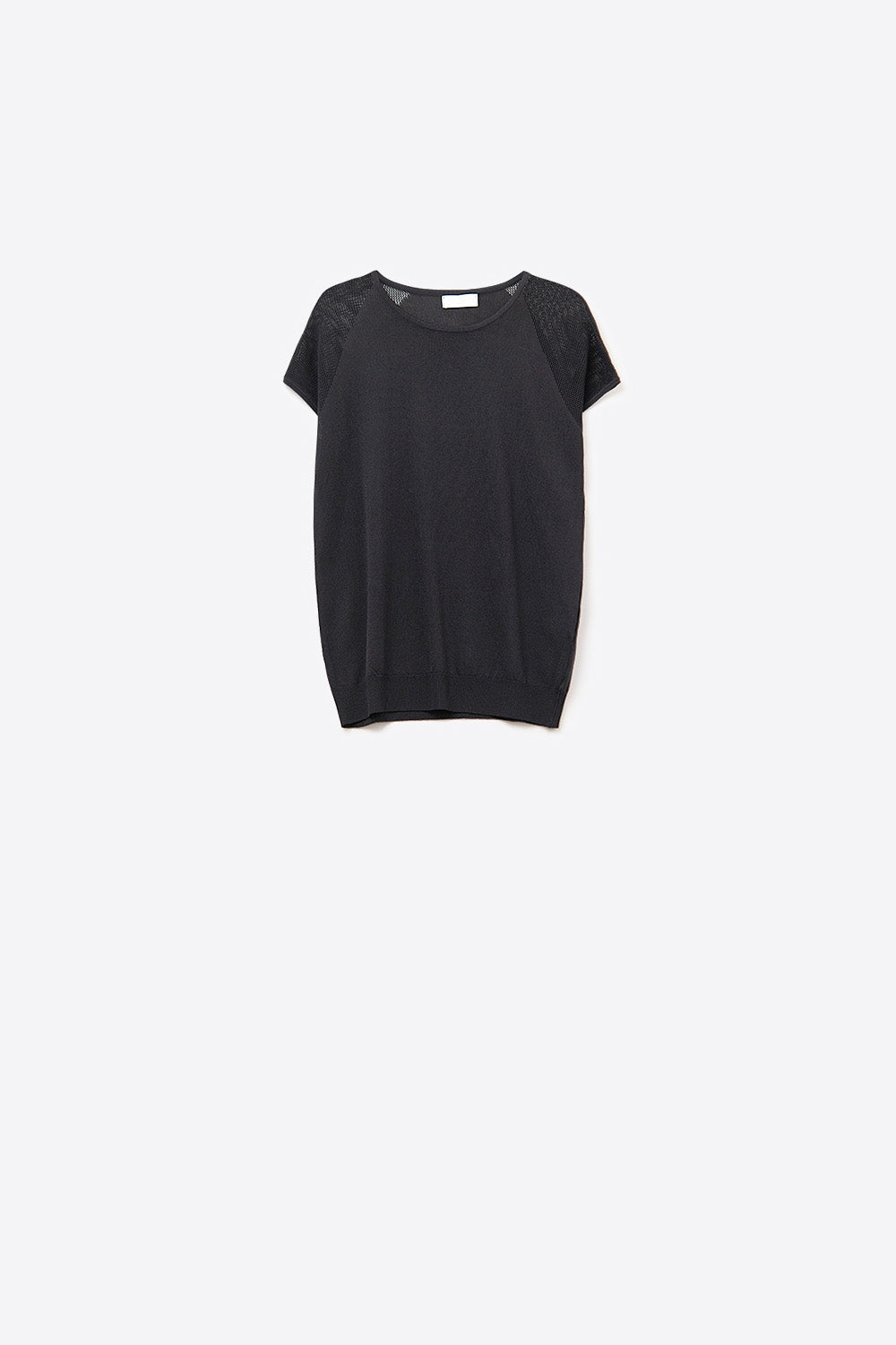 Black Short Sleeve Sweater with Knitted Mesh on the Shoulder