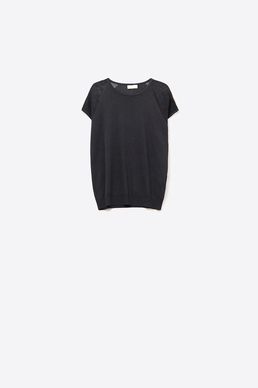 Black Short Sleeve Sweater with Knitted Mesh on the Shoulder