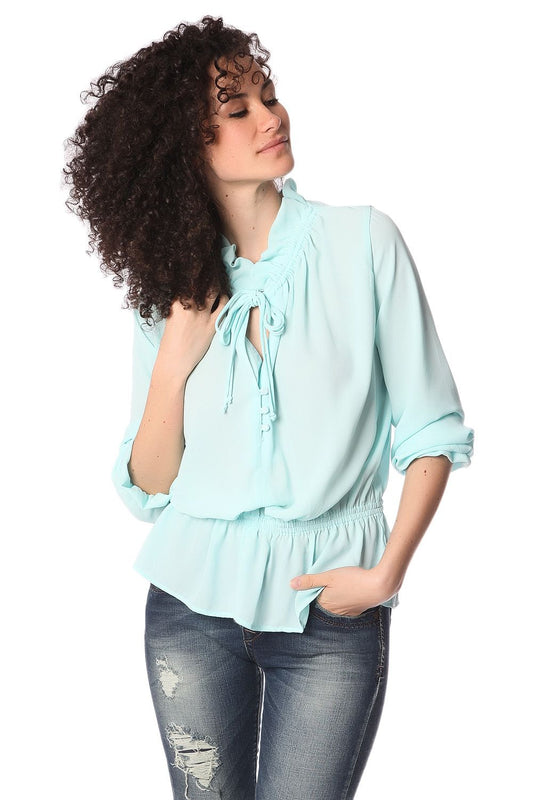 Turquoise ruffle neck tie blouse | Just Cool Beans — shirts | tops