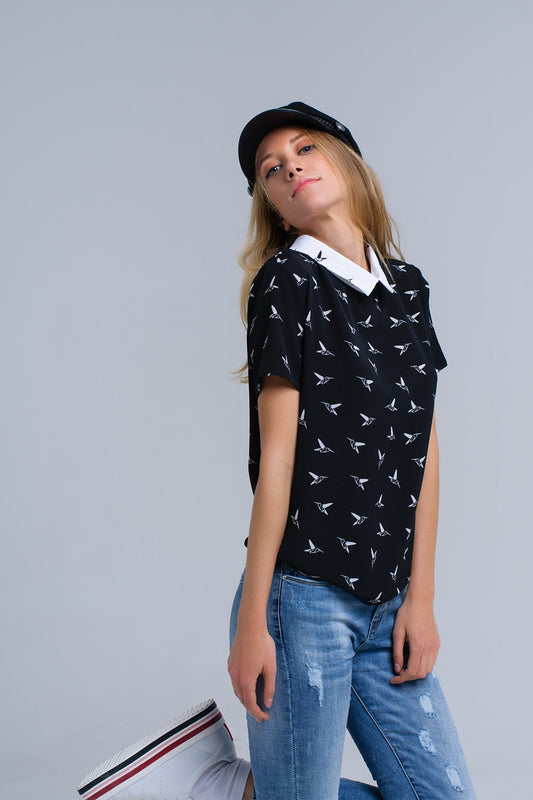 Black shirt with white printed birds | Just Cool Beans — shirts | nan