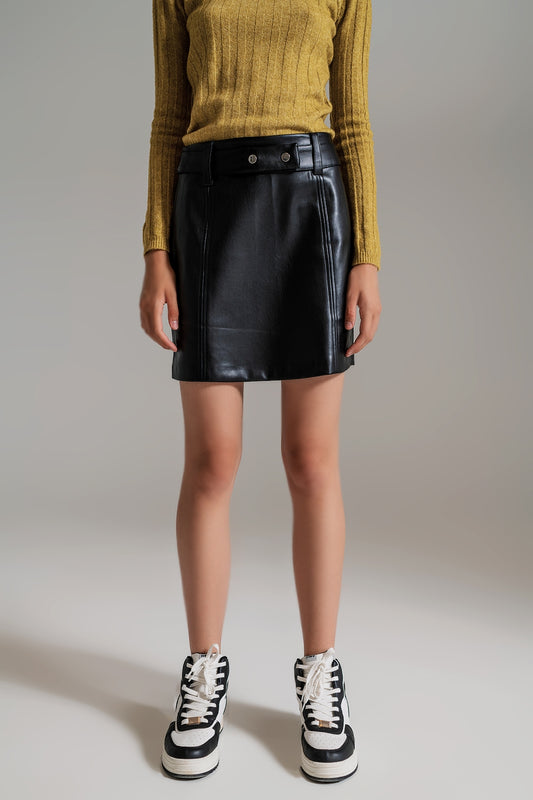 Black straight faux leather mini skirt with belt | Just Cool Beans — skirts