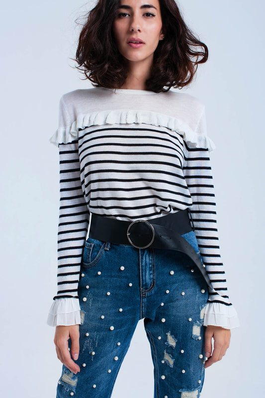 Black striped sweater with ruffles | Just Cool Beans — sweaters | tops