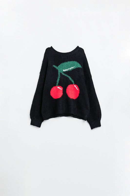 Black sweater with cherry print | Just Cool Beans — sweaters | tops