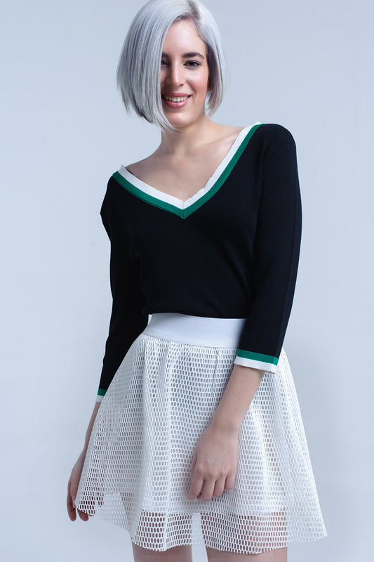 Black v-neck jersey with green and white contrast trim | Just Cool Beans — sweaters | tops