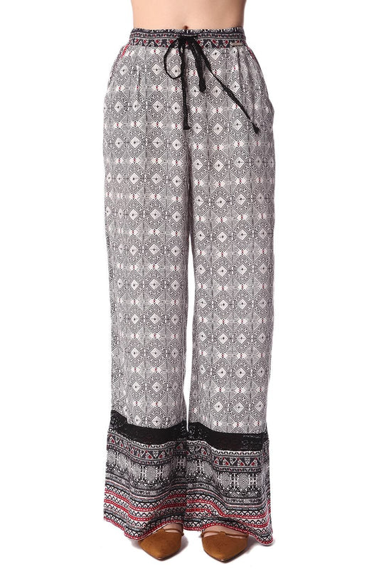 Black wide leg pants in ethno print with eyelash lace insert | Just Cool Beans — pants | bottoms