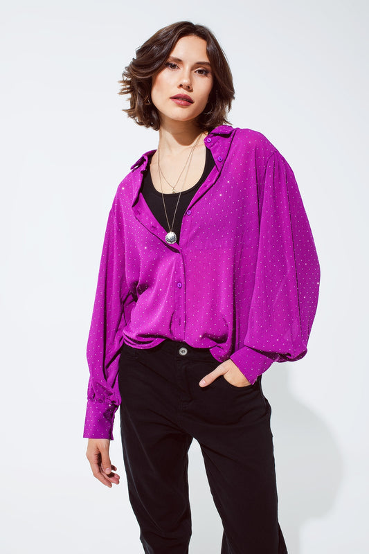 Blouse in magenta with strass detail | Just Cool Beans — shirts | tops
