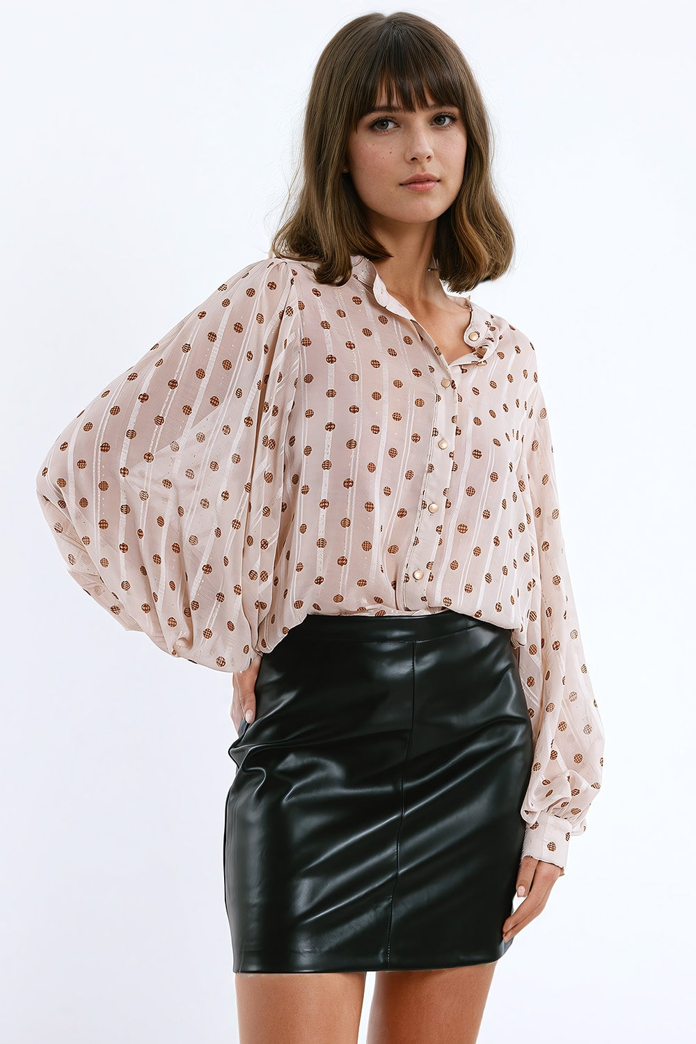 Blouse with balloon sleeves and polka dots in beige | Just Cool Beans — shirts | tops