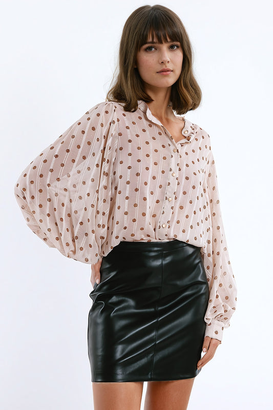 Blouse with balloon sleeves and polka dots in beige | Just Cool Beans — shirts | tops