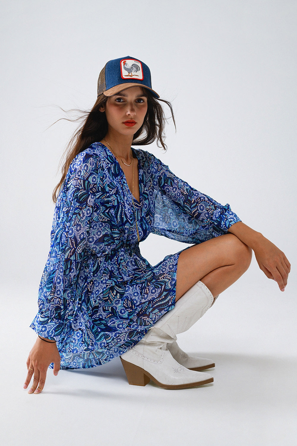 Blue abstract print short dress with adjustable waist | Just Cool Beans — dresses | bottoms
