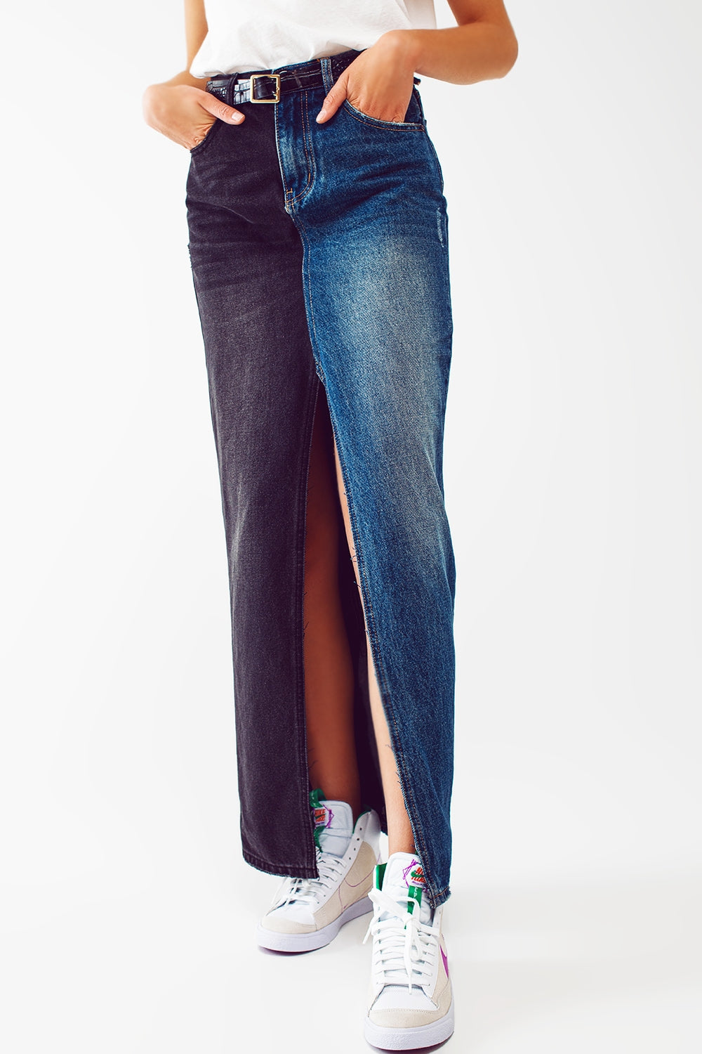 Blue and black block denim skirt | Just Cool Beans — skirts