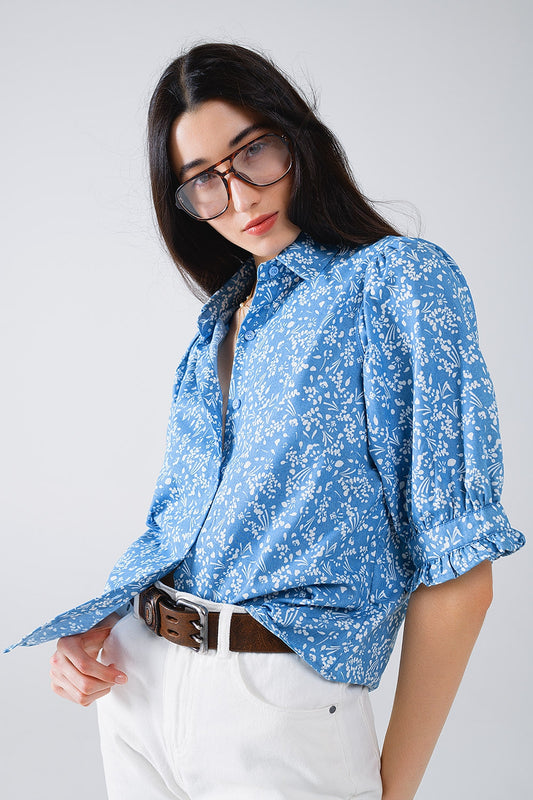 Blue blouse with floral design and short sleeves | Just Cool Beans — shirts | bottoms