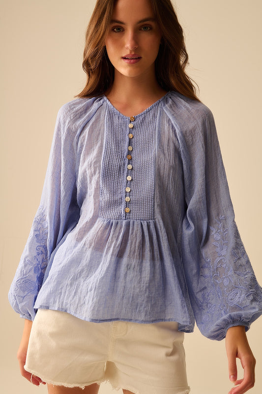 Blue chiffon blouse with embroidery on the sleeves | Just Cool Beans — shirts | tops