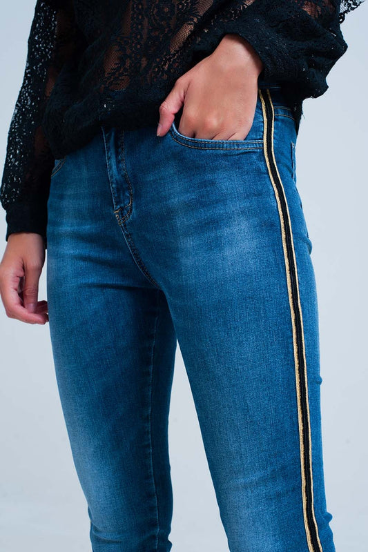 Blue denim pants with gold and black sideband | Just Cool Beans — jeans | bottoms