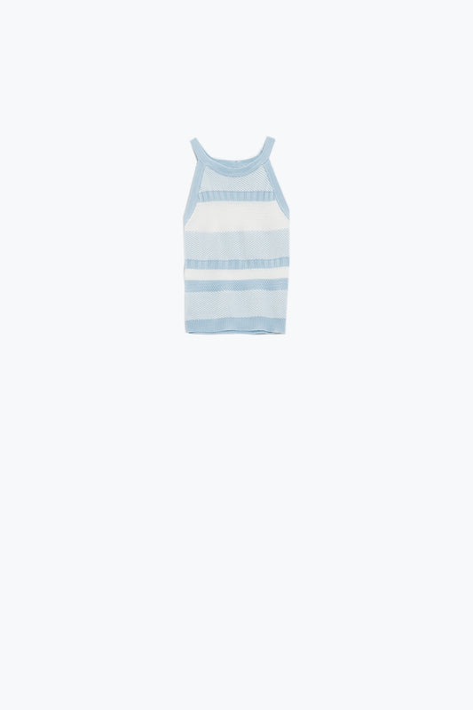 Blue halter tank top with stripe design in different knits | Just Cool Beans — sweaters | tops