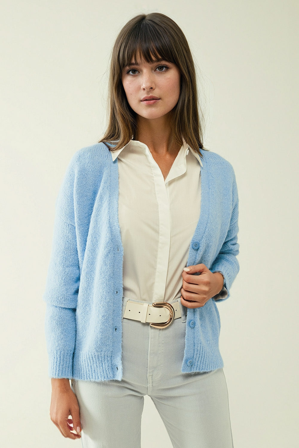 Blue knit cardigan with wide v-neck and button closure | Just Cool Beans — sweaters | tops