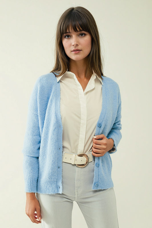 Blue knit cardigan with wide v-neck and button closure | Just Cool Beans — sweaters | tops