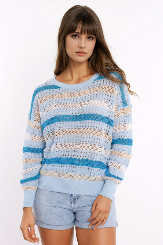 Blue knit sweater with blue and white stripes | Just Cool Beans — sweaters | tops