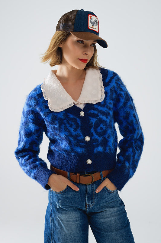 Blue leopard print cardigan made of knitted fabric with wool | Just Cool Beans — sweaters | tops