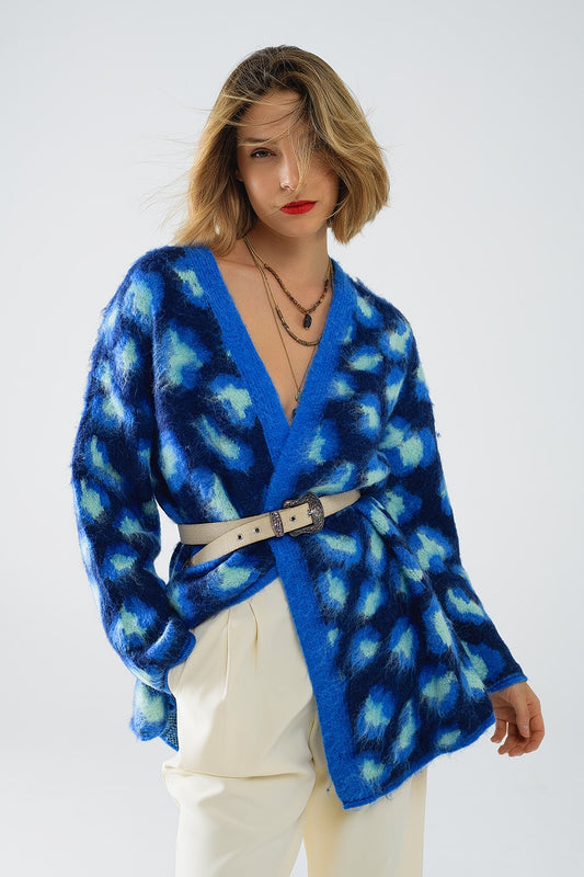 Blue leopard print cardigan with wool | Just Cool Beans — sweaters | tops
