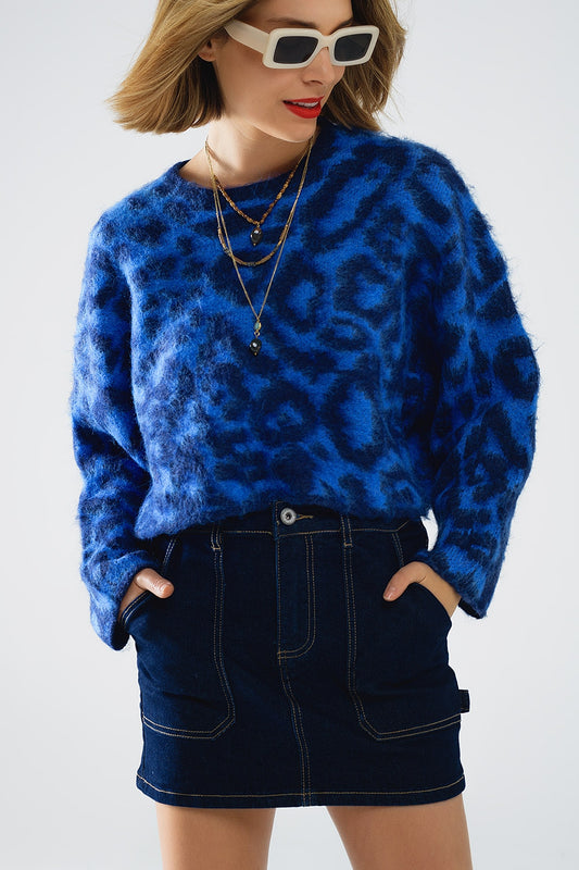 Blue leopard print sweater made of knitted fabric with wool | Just Cool Beans — sweaters | tops