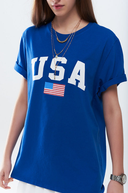 Blue loose long t-shirt with usa logo | Just Cool Beans — tops