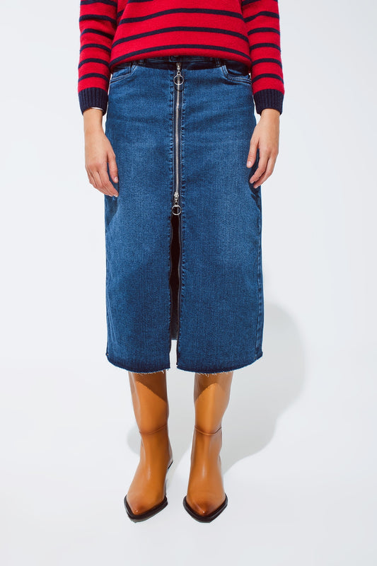 Blue maxi demin skirt with a long zipper chunky zipper down the front in medium wash | Just Cool Beans — skirts