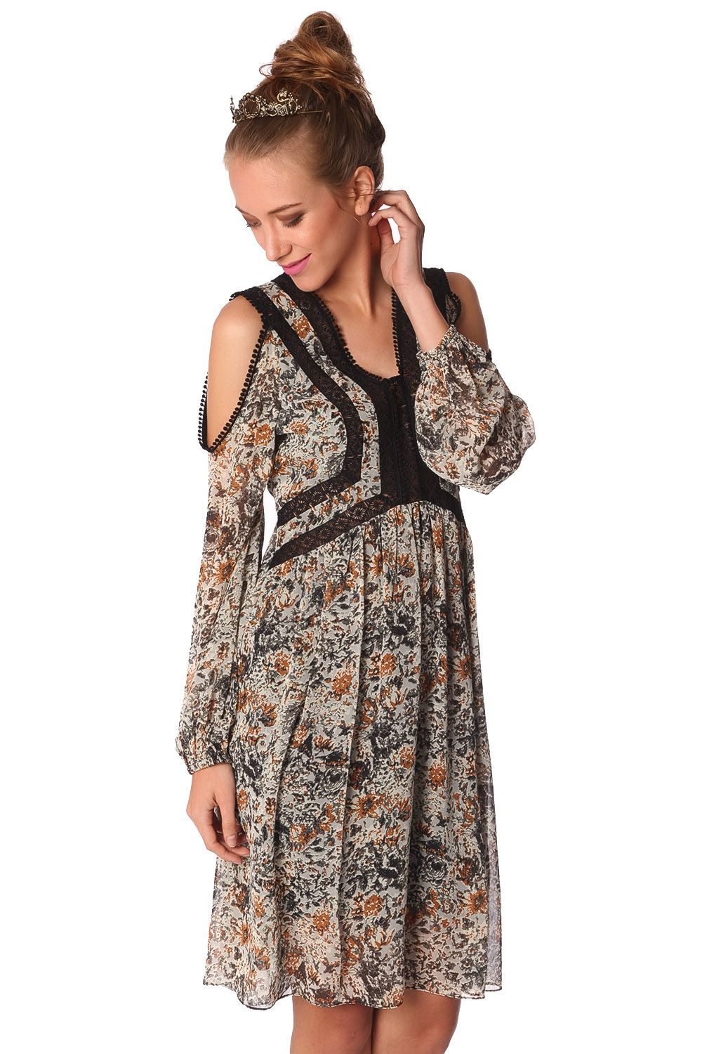 Blue midi dress in floral print with crochet inserts | Just Cool Beans — dresses