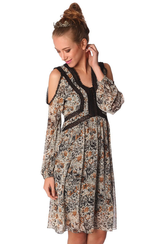 Blue midi dress in floral print with crochet inserts | Just Cool Beans — dresses