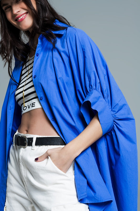 Blue  oversized blouse with short sleeves | Just Cool Beans — shirts | bottoms