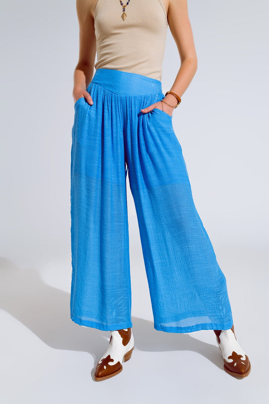 Blue palazzo style pants with side pockets and thick waist band | Just Cool Beans — pants | bottoms