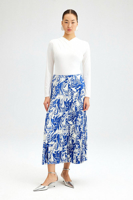 Blue Patterned Pleated Skirt - Just Cool Beans