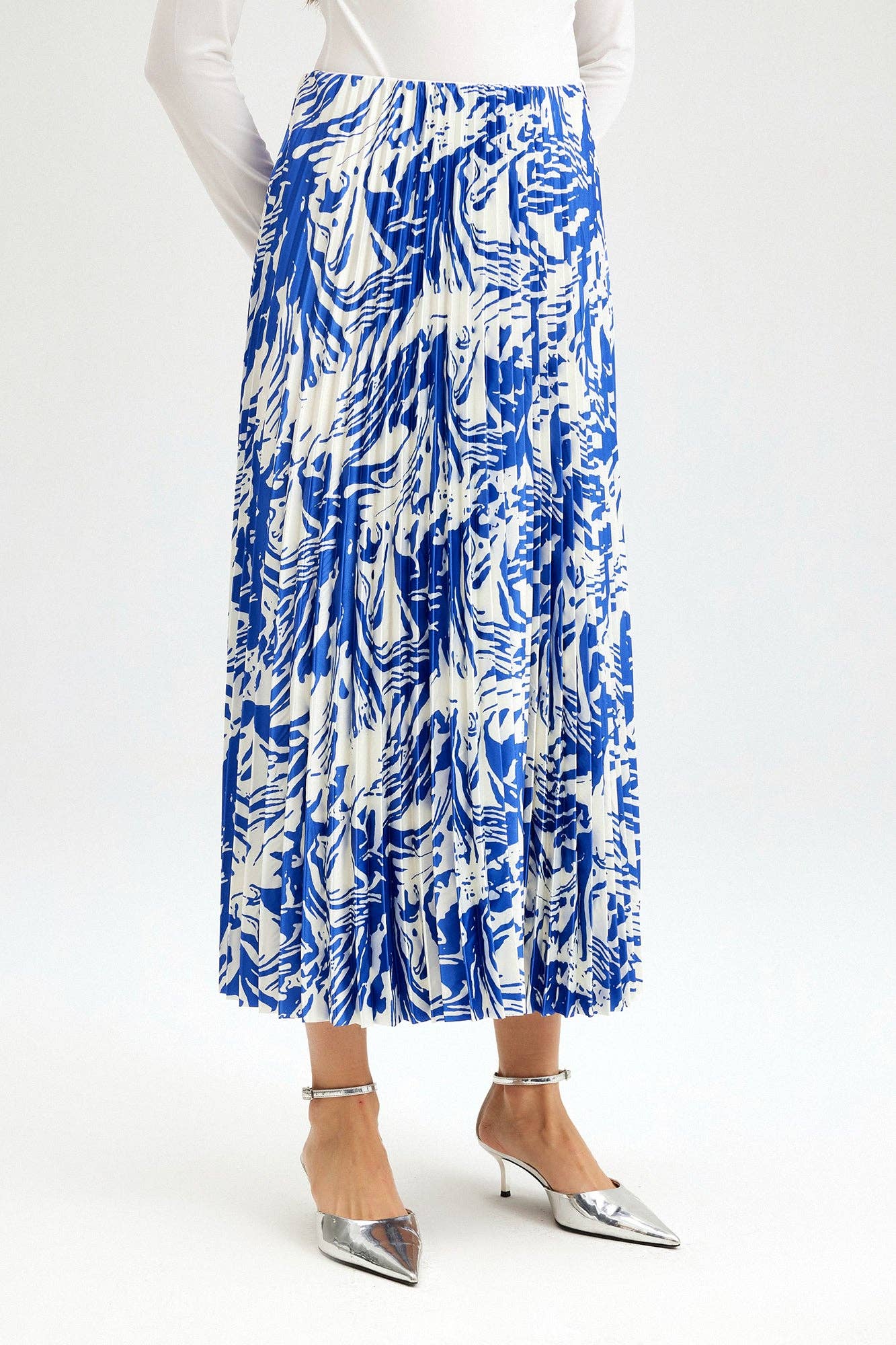 Blue Patterned Pleated Skirt - Just Cool Beans