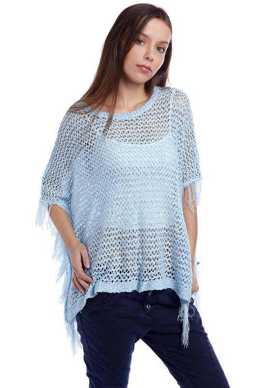 Blue poncho cape with fringing | Just Cool Beans — sweaters | tops