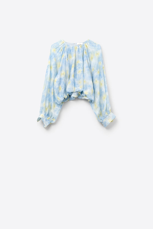 Blue printed chiffon blouse with balloon sleeves | Just Cool Beans — shirts | tops
